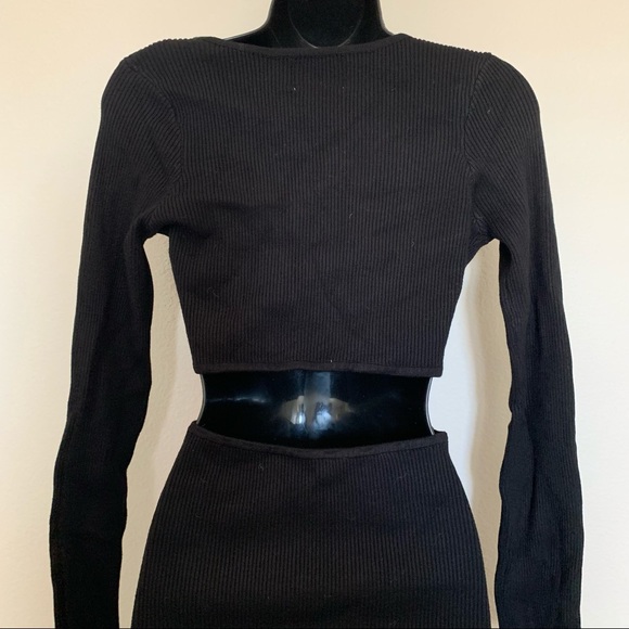 Princess Polly Lucia Black Ribbed Long Sleeve V Neck O Ring Cutout Mini Dress - Picture 9 of 12